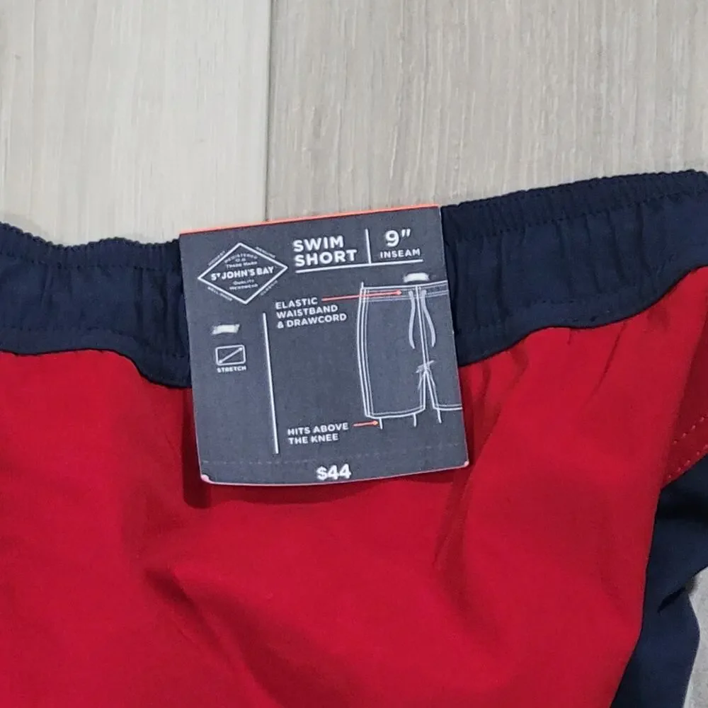 St. John's Bay Swim Shorts Men's Large Indigo Red Colorblock Above The Knee New